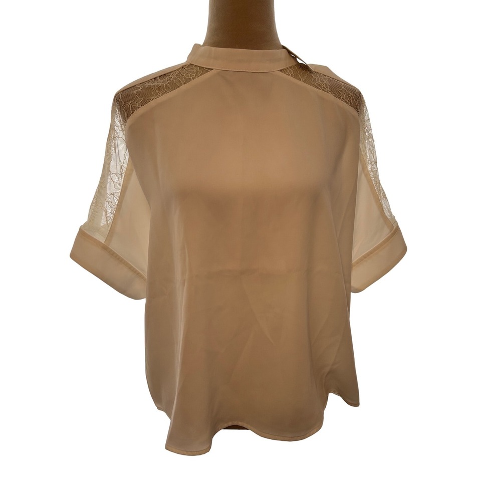 Sugar Lips Womens Cream Lace Panel Mock Neck Short Sleeve Blouse NWT Size M
